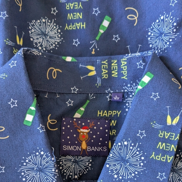 Men's Simon Banks Happy New Year Button Down Shirt Fireworks Champagne L Large - Picture 4 of 4
